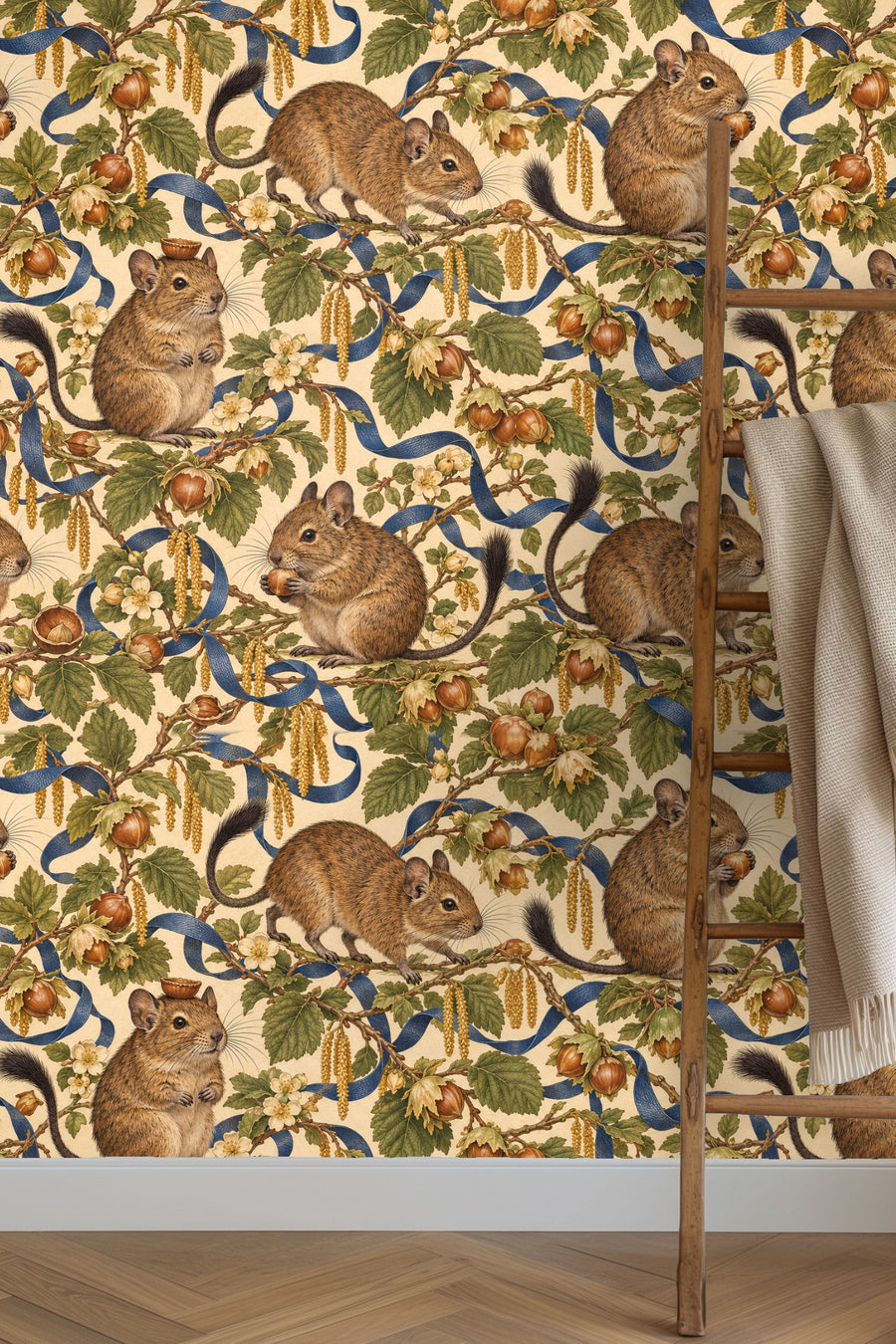 Press Esc wallpaper with hazelnut branches, small animals and blue ribbons in a styled room