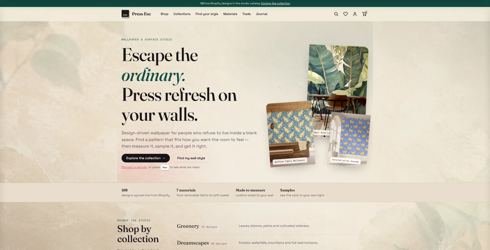 Press Esc wallpaper studio website featuring wallpaper room imagery and pattern samples